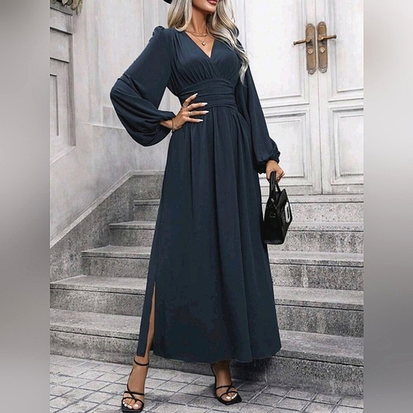 Navy Blue Ruched Waist Shirt Dress